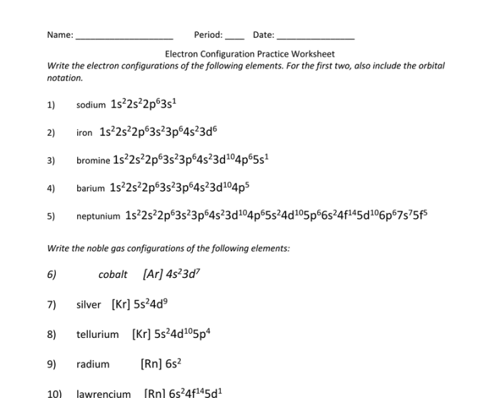 Electron configuration review worksheet answer key